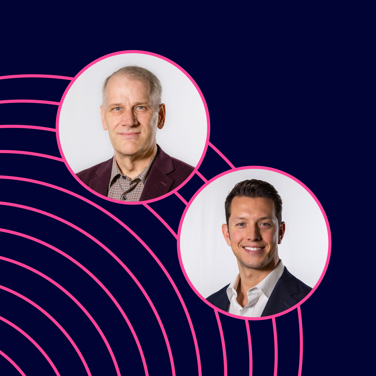 Photographs of Paul Sheehan and Ross Uhrich against a dark background with pink concentric arches.